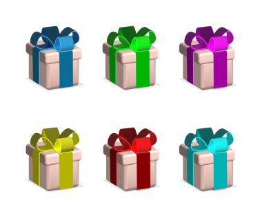 Kurdeleli renkli hediye kutuları. Beyaz arkaplanda izole edilmiş vektör illüstrasyonu