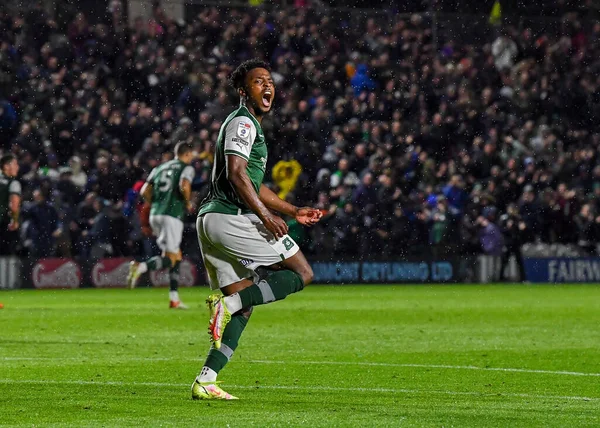 stock image GOAL    Plymouth Argyle forward Niall Ennis  (11) celebrates a goal to make it 1-1  during the Sky Bet League 1 match Plymouth Argyle vs Shrewsbury Town at Home Park, Plymouth, United Kingdom, 25th October 202