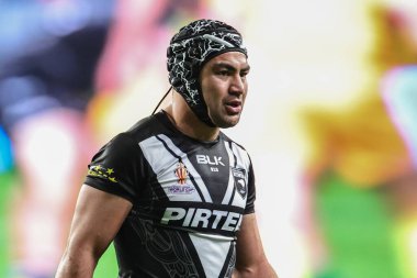 Açılış golcüsü Yeni Zelandalı Jahrome Hughes Rugby Ligi Dünya Kupası 2021 C Grubu maçında Headingley Stadyumu 'nda Yeni Zelanda' ya karşı İrlanda maçı, Leeds, Birleşik Krallık, 28 Ekim 202