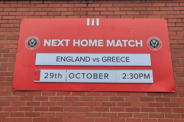 Další Home Zápas Znamení Anglie Řecko Mimo Bramall Lane Před — Stock fotografie