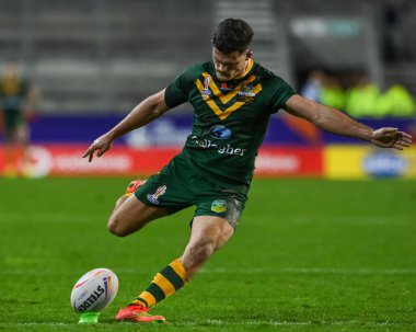 Avustralyalı Nathan Cleary, 29 Ekim 202 'de oynanan Rugby Lig Dünya Kupası 2021 karşılaşmasında İtalya' nın Wicked Stadyumu, St Helens, Birleşik Krallık 'ta karşı karşıya geldi.
