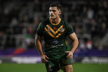 Avustralyalı Nathan Cleary, Rugby Ligi Dünya Kupası 2021 karşılaşmasında Avustralya ile İtalya arasındaki Wicked Stadyumu, St Helens, Birleşik Krallık, 29 Ekim 202