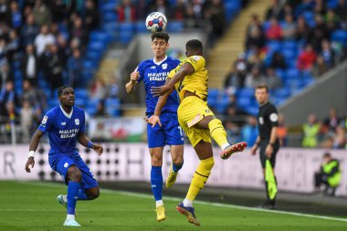 Cardiff City 'den Callum O' Dowda 29 Ekim 202 'de Cardiff City Stadyumu' nda oynanan Sky Bet Şampiyonası maçında Wes Harding # 2 Rotherham United 'a karşı yüksek topu kazandı.