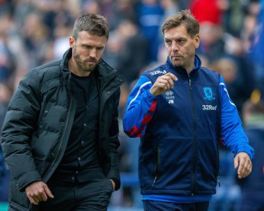 Michael Carrick manager of Middlesborough speaks to his assistant Jonathan Woodgate during the Sky Bet Championship match Preston North End vs Middlesbrough at Deepdale, Preston, United Kingdom, 29th October 202 clipart