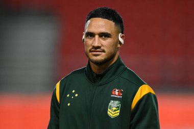 Avustralyalı Valentine Holmes, Rugby Ligi Dünya Kupası 2021 karşılaşması öncesinde oynanan maç öncesi saha denetimi sırasında Avustralya ile İtalya arasında, St Helens, Birleşik Krallık, 29 Ekim 202