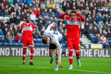 Middlesborough 'dan Rodrigo Muniz, 29 Ekim 202' de İngiltere 'nin Deepdale kentinde oynanan Sky Bet Şampiyonası maçında Preston North End ile Middlesbrough arasındaki maçı kaçırmaya tepki gösterdi.