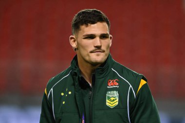 Avustralya 'dan Nathan Cleary, Rugby Ligi Dünya Kupası 2021 karşılaşması öncesinde oynanan maç öncesi saha denetimi sırasında Avustralya ile İtalya' nın Wicked Stadyumu, St Helens, Birleşik Krallık, 29 Ekim 202