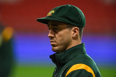 Avustralya 'dan Ben Hunt, Rugby Ligi Dünya Kupası 2021 karşılaşması öncesinde oynanan maç öncesi saha denetimi sırasında Avustralya ile İtalya' nın Wicked Stadyumu, St Helens, Birleşik Krallık, 29 Ekim 202