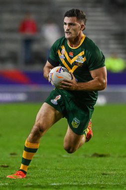Avustralyalı Nathan Cleary, Wicked Stadyumu, St Helens, Birleşik Krallık, 29 Ekim 202 'de oynanan 2021 Dünya Rugby Ligi karşılaşmasında mola verdi.