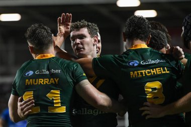 Avustralyalı Liam Martin, 29 Ekim 202 'de İngiltere' nin St Helens kentinde oynanan 2021 Dünya Rugby Ligi karşılaşmasında Avustralya ile İtalya arasındaki karşılaşmayı kutluyor.