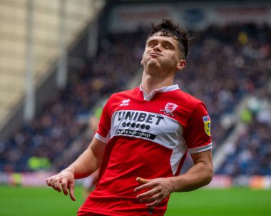Middlesborough 'dan Ryan Giles 29 Ekim 202' de Deepdale, Preston, İngiltere 'de oynanan Sky Bet Şampiyonası maçında oynanan topa tepki veriyor.