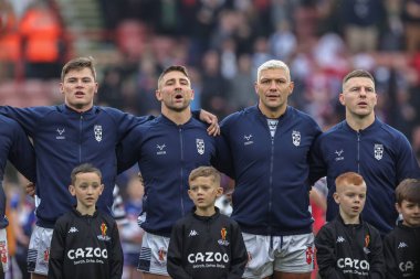 İngiltere 'den Jack Welsby, İngiltere' den Tommy Makinson, İngiltere 'den Ryan Hall ve İngiltere' den George Williams Rugby Ligi Dünya Kupası 2021 karşılaşmasında İngiltere 'nin Yunanistan' a karşı Bramall Lane, Sheffield, İngiltere