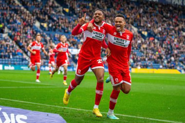 Middlesborough 'dan Chuba Akpom # 29, 29 Ekim 202' de Deepdale, Preston, Birleşik Krallık 'ta oynanan Sky Bet Şampiyonası maçında 0-1 kazanma hedefini kutluyor.