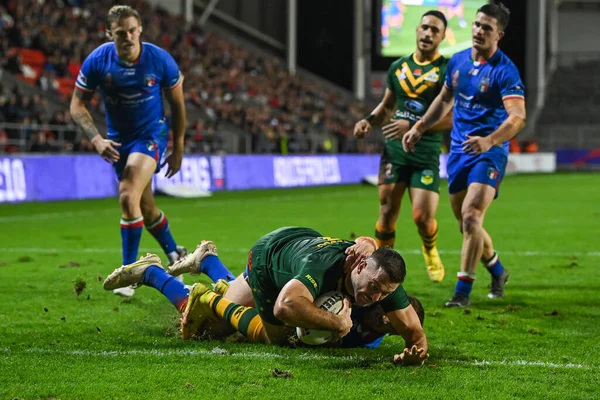 James Tedesco Van Australië Gaat Voor Een Poging Tijdens Rugby — Stockfoto