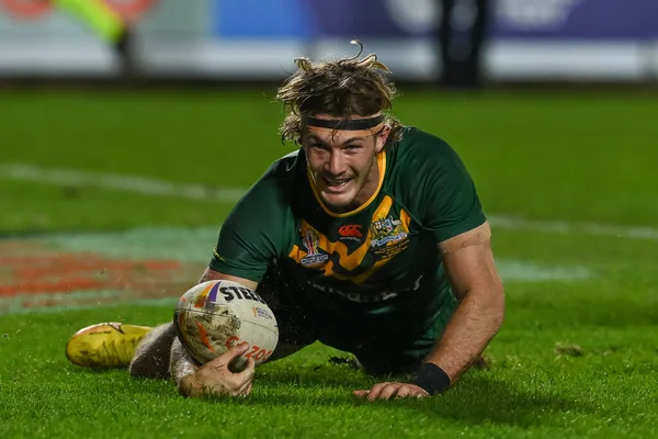 Campbell Graham Van Australië Viert Zijn Poging Tijdens Rugby League — Stockfoto