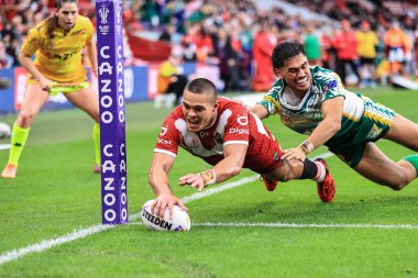 Tonga 'dan Tui Lolohea, 30 Ekim 202' de İngiltere 'nin Middlesbrough kentindeki Riverside Stadyumu' nda oynanan Rugby Ligi Dünya Kupası 2021 Grubu D Grubu maçına gidiyor.