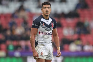Rugby Ligi Dünya Kupası 2021 'de İngiltere ile Yunanistan arasındaki Bramall Lane, Sheffield, İngiltere maçı sırasında İngiltere' den Kai Pearce-Paul, 29 Ekim 202