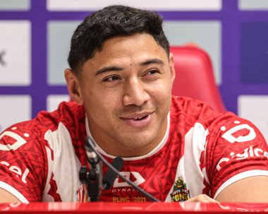 Tonga 'dan Jason Taumalolo, 30 Ekim 202' de İngiltere 'nin Middlesbrough kentinde oynanan Rugby Ligi Dünya Kupası 2021 Grubu D Grubu maçında basına konuştu.
