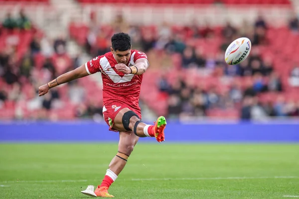 stock image Isaiya Katoa of Tonga converts for a goal during the Rugby League World Cup 2021 Group D match Tonga vs Cook Islands at Riverside Stadium, Middlesbrough, United Kingdom, 30th October 202