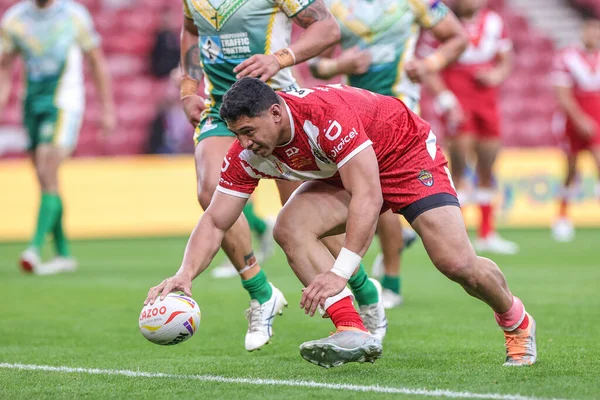 stock image Jason Taumalolo of Tonga goes over for a try during the Rugby League World Cup 2021 Group D match Tonga vs Cook Islands at Riverside Stadium, Middlesbrough, United Kingdom, 30th October 202