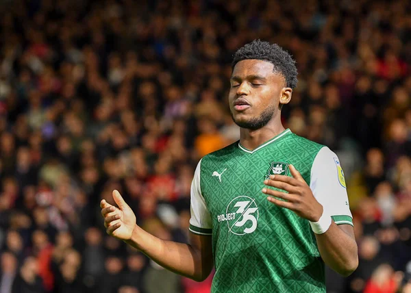 stock image Plymouth Argyle full back Bali Mumba  (17)  walks out before kick off  during the Sky Bet League 1 match Plymouth Argyle vs Exeter City at Home Park, Plymouth, United Kingdom, 31st October 202