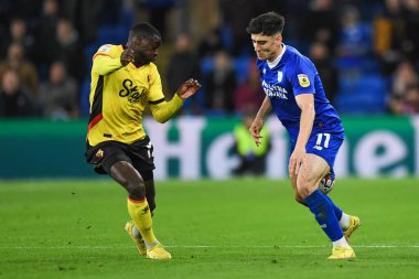 Cardiff City 'den Callum O' Dowda # 11, 2 Kasım 202 'de Cardiff City Stadyumu' nda Watford Sky Bet Şampiyonası maçında Ken Sema # 12 'yi aldı.