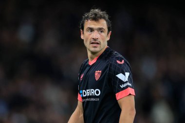 Sevilla 'dan Thomas Delaney # 18 UEFA Şampiyonlar Ligi maçında Manchester City - Sevilla maçı sırasında Etihad Stadyumu, Manchester, İngiltere, 2 Kasım 202