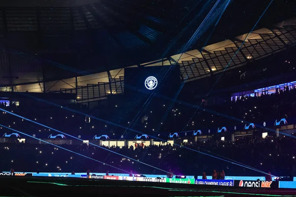 Maç Öncesi Işık Gösterisi Uefa Şampiyonlar Ligi Maçından Önce Manchester — Stok fotoğraf