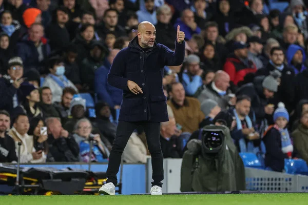 stock image Pep Guardiola manager of Manchester City reacts during the UEFA Champions League match Manchester City vs Sevilla at Etihad Stadium, Manchester, United Kingdom, 2nd November 202