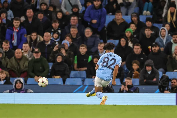 stock image Rico Lewis #82 of Manchester City scores a goal to make it 1-1 during the UEFA Champions League match Manchester City vs Sevilla at Etihad Stadium, Manchester, United Kingdom, 2nd November 202