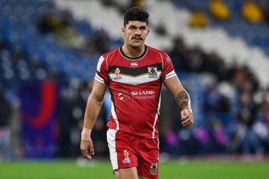 Lübnan 'dan Brandon Morkos, Rugby Ligi Dünya Kupası 2021 Çeyrek final karşılaşması öncesinde John Smith' in Stadyumu, Huddersfield, Birleşik Krallık 'ta 4 Kasım 202' de oynanan karşılaşma öncesi ısınma maçında