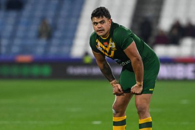 Avustralyalı Latrell Mitchell, Rugby Ligi Dünya Kupası 2021 Çeyrek final karşılaşmasında Avustralya, John Smith Stadyumu 'nda Lübnan' a karşı, Huddersfield, Birleşik Krallık, 4 Kasım 202