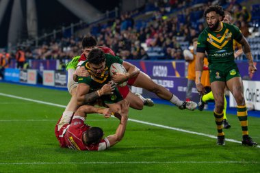 Avustralyalı Latrell Mitchell, 4 Kasım 202 'de John Smith' in Stadyumu 'nda oynanan 2021 Dünya Rugby Ligi çeyrek final maçına çıktı.