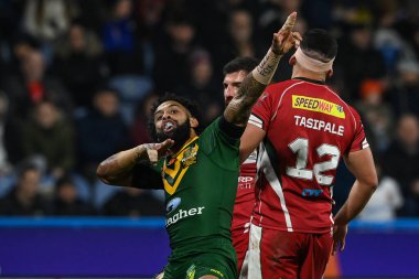 Avustralyalı Josh Addo-Carr, 4 Kasım 202 'de John Smith Stadyumu' nda oynanan 2021 Dünya Rugby Ligi çeyrek final karşılaşmasında denemesini kutluyor.