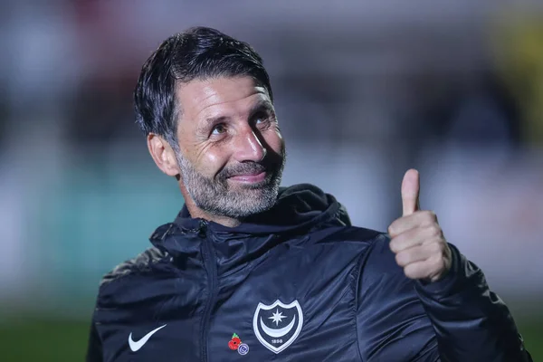 stock image Danny Cowley manager of Portsmouth applauds the travelling fans during the pre-game warm up ahead of the Emirates FA Cup First Round match Hereford FC vs Portsmouth at Edgar Street, Hereford, United Kingdom, 4th November 202