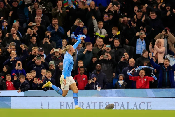 Erling Haaland Manchester City Celebra Anotar Gol Ganador Victoria Partido — Foto de Stock
