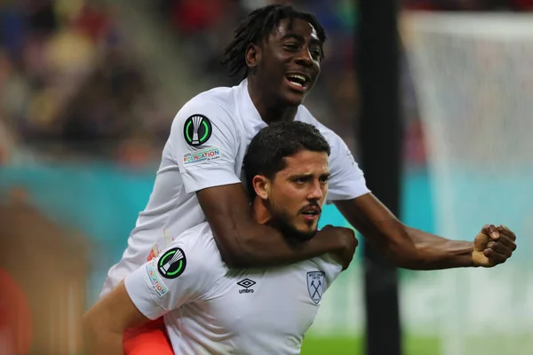 stock image Pablo Fornals and Divin Mubama celebrating a goal during the UEFA Europa Conference League match FCSB vs West Ham United at Arena Naional, Bucharest, Romania, 3rd November 2022