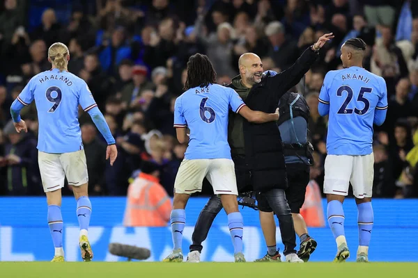 Pep Guardiola Den Manchester City Manager Firar Seger Med Manuel — Stockfoto