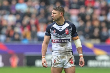 Rugby Ligi Dünya Kupası 2021 Çeyrek Final Maçı 'nda İngiltere, Wigan' daki DW Stadyumu 'nda Papua Yeni Gine' ye karşı Tommy Makinson, 5 Kasım 202