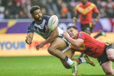 İngiltere 'den Kallum Watkins Rugby Ligi Dünya Kupası 2021 Çeyrek Final karşılaşmasında İngiltere ile Papua Yeni Gine arasındaki DW Stadyumu, Wigan, İngiltere, 5 Kasım 202