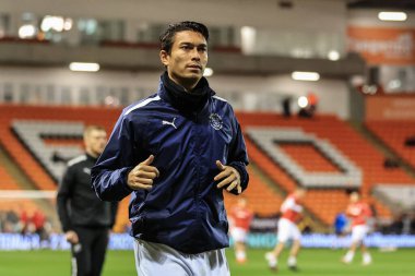 Blackpool 'dan Kenny Dougall # 12. Maç öncesi ısınma maçı sırasında Blackpool - Middlesbrough maçı, Bloomfield Road, Blackpool, İngiltere, 8 Kasım 202