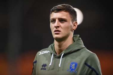 Middlesbrough 'dan Dael Fry # 6, Bloomfield Road, Blackpool Home of Blackpool' a 8 Kasım 202 'de Bloomfield Road, Blackpool' da oynanan Blackpool-Middlesbrough maçından önce vardı.