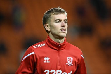 Middlesbrough 'dan Riley McGree # 8. Maç öncesi ısınma maçı öncesinde Blackpool Middlesbrough' a karşı Bloomfield Road, Blackpool, İngiltere, 8 Kasım 202