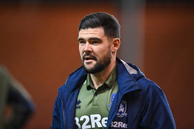 Middlesbrough 'dan Alex Mowatt # 4, Bloomfield Road, Blackpool Home of Blackpool' a, 8 Kasım 202 'de Bloomfield Road, Blackpool' da oynanan Blackpool-Middlesbrough maçından önce vardı.