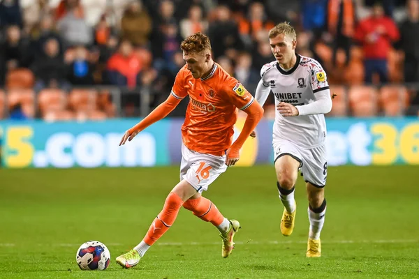 stock image Sonny Carey #16 of Blackpool makes a break with the ball   during the game during the Sky Bet Championship match Blackpool vs Middlesbrough at Bloomfield Road, Blackpool, United Kingdom, 8th November 202