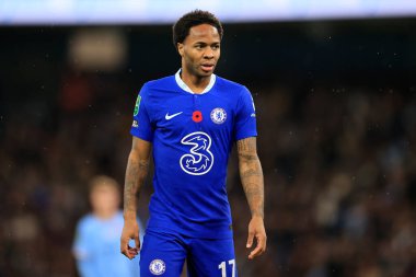 Chelsea 'li Raheem Sterling # 17. Carabao Kupası Üçüncü Raundda Manchester City Chelsea' ye karşı Etihad Stadyumu, Manchester, İngiltere, 9 Kasım 202