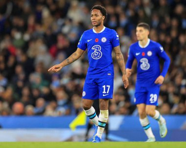 Chelsea 'li Raheem Sterling # 17. Carabao Kupası Üçüncü Raundda Manchester City Chelsea' ye karşı Etihad Stadyumu, Manchester, İngiltere, 9 Kasım 202