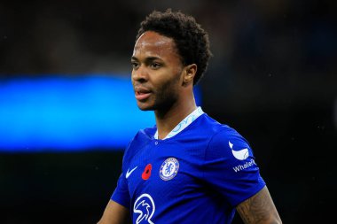 Chelsea 'li Raheem Sterling # 17. Carabao Kupası Üçüncü Raundda Manchester City Chelsea' ye karşı Etihad Stadyumu, Manchester, İngiltere, 9 Kasım 202