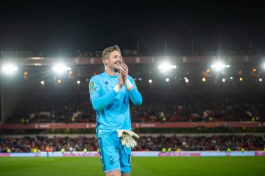 Nottingham Ormanı 'nın 13 numaralı Wayne Hennessey, 9 Kasım 202' de Nottingham City Ground, Nottingham, İngiltere 'de oynanan Carabao Kupası 3. tur maçından sonra gülüyor.