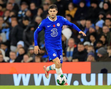 Chelsea 'li Christian Pulisiç # 10. Carabao Kupası 3. tur karşılaşmasında Manchester City Chelsea' ye karşı Etihad Stadyumu, Manchester, İngiltere, 9 Kasım 202